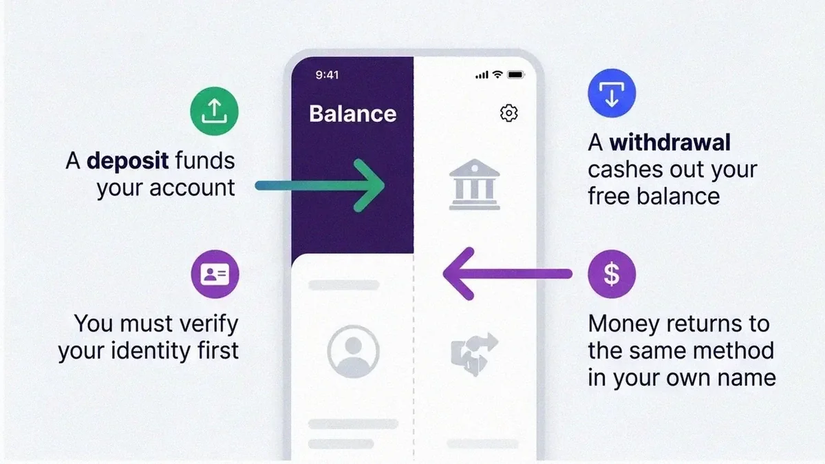 Infographic card explaining deposit and withdrawal basics: a deposit funds the account, a withdrawal cashes out the free balance, verification comes first, and money returns to the same own-name method