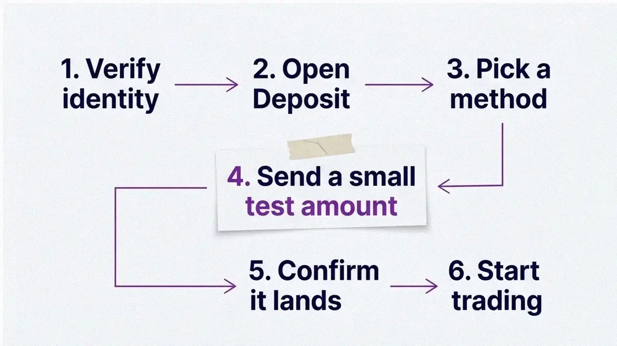Numbered workflow diagram for making a first deposit: verify identity, open deposit, pick a method, send a small test amount, confirm it lands, then start trading