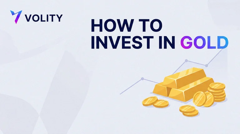 Volity blog cover collage in brand purple: a gold bar, a gold ETF card and a gold price chart with five small route icons and the headline 5 ways to buy gold.