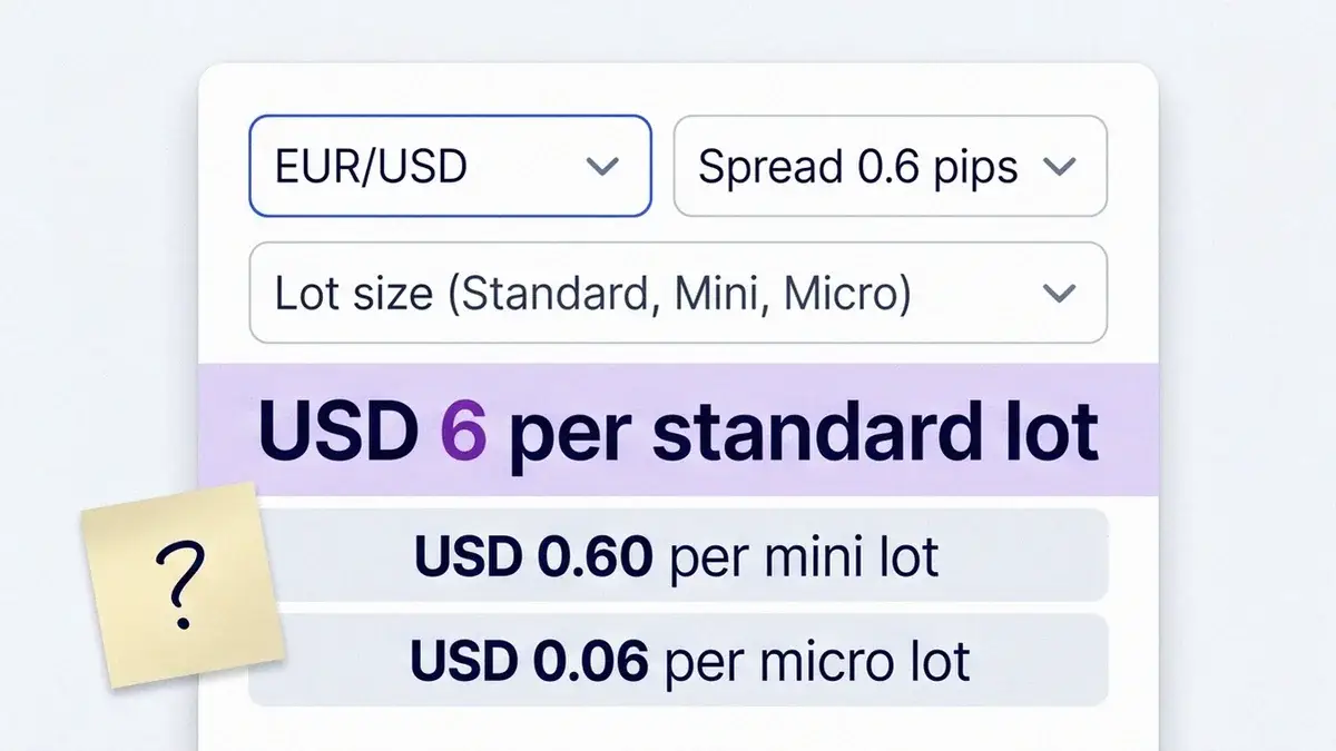 Volity spread cost calculator card turning a 0.6 pip EUR/USD spread into USD 6 per standard lot