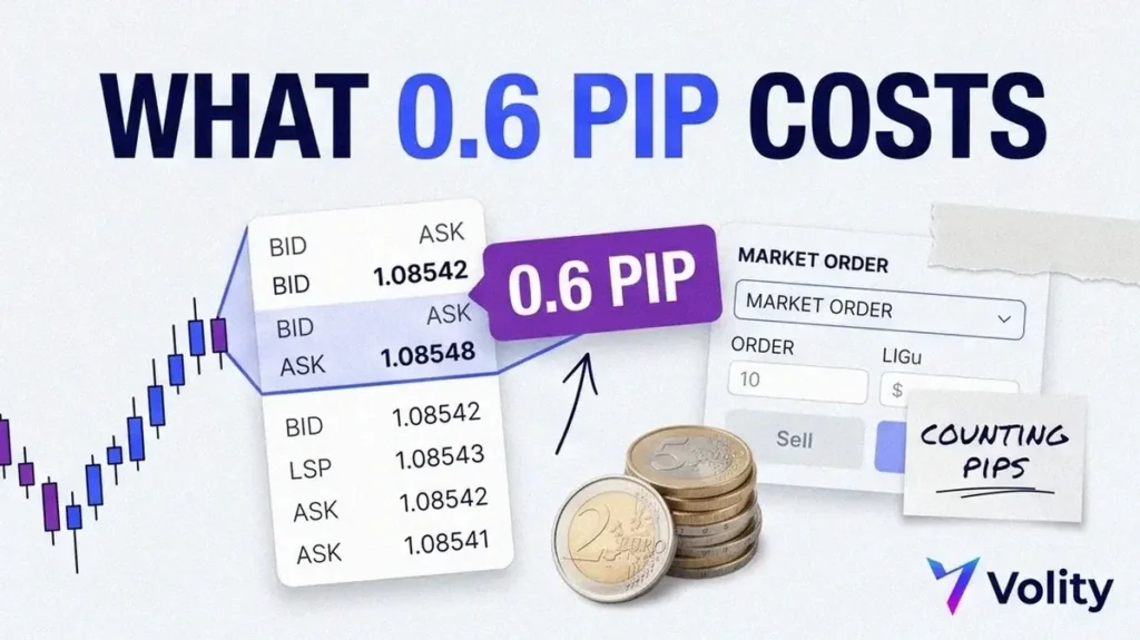 Volity brand collage cover for how to read a forex spread, with a magnified bid and ask price ladder and a 0.6 pip cost tag