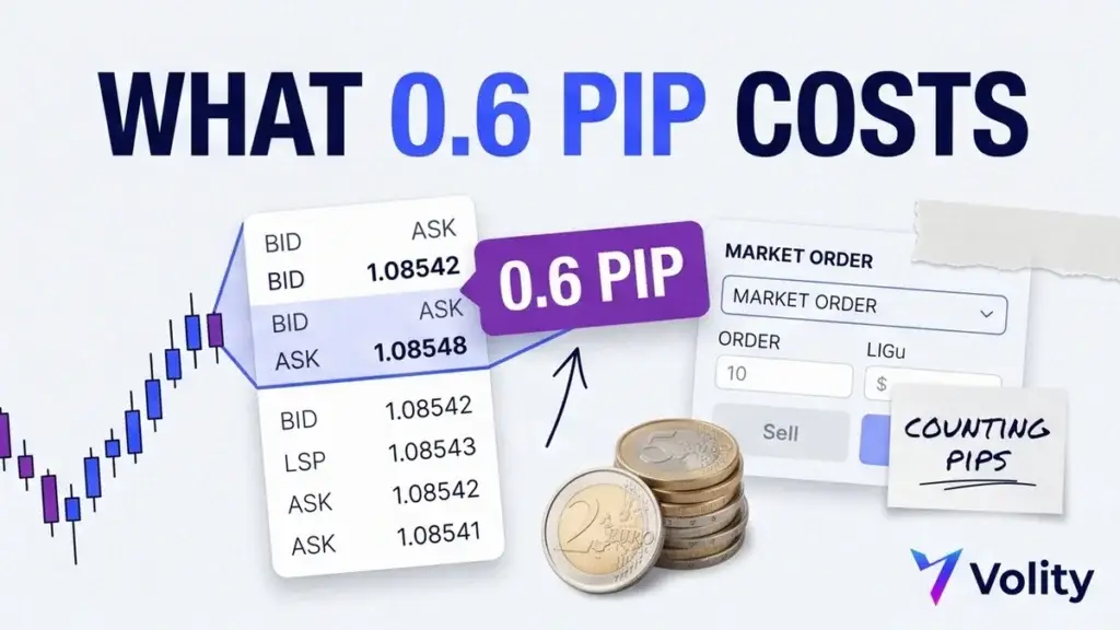 Volity brand collage cover for how to read a forex spread, with a magnified bid and ask price ladder and a 0.6 pip cost tag