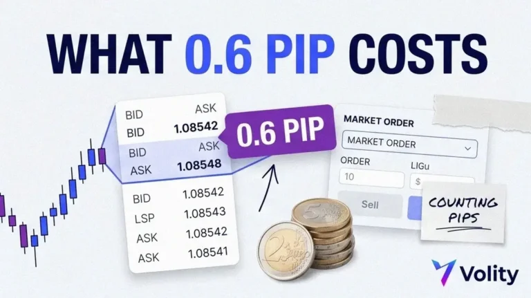 Volity brand collage cover for how to read a forex spread, with a magnified bid and ask price ladder and a 0.6 pip cost tag