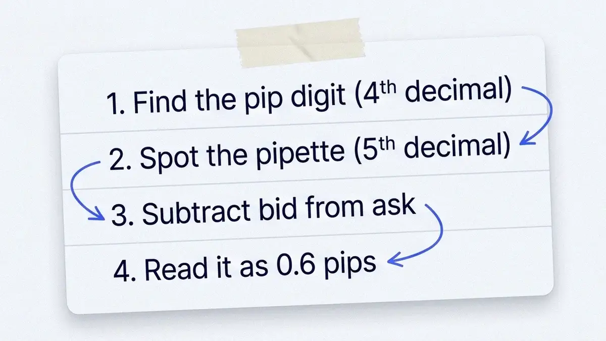 Numbered workflow showing how to count pips, from finding the pip digit to reading a 0.6 pip spread