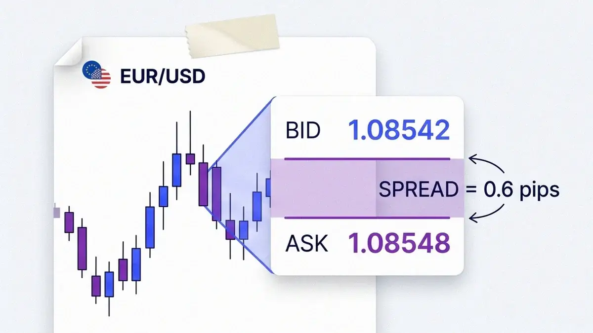 Volity quote card showing the bid 1.08542, ask 1.08548 and the 0.6 pip spread between them