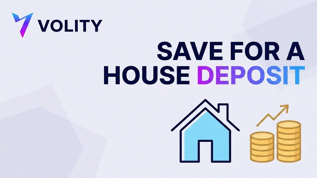Volity fintech collage cover for how to save for a house deposit, with a house-key icon over a filling progress bar reaching a deposit target and a safe low-risk savings vault
