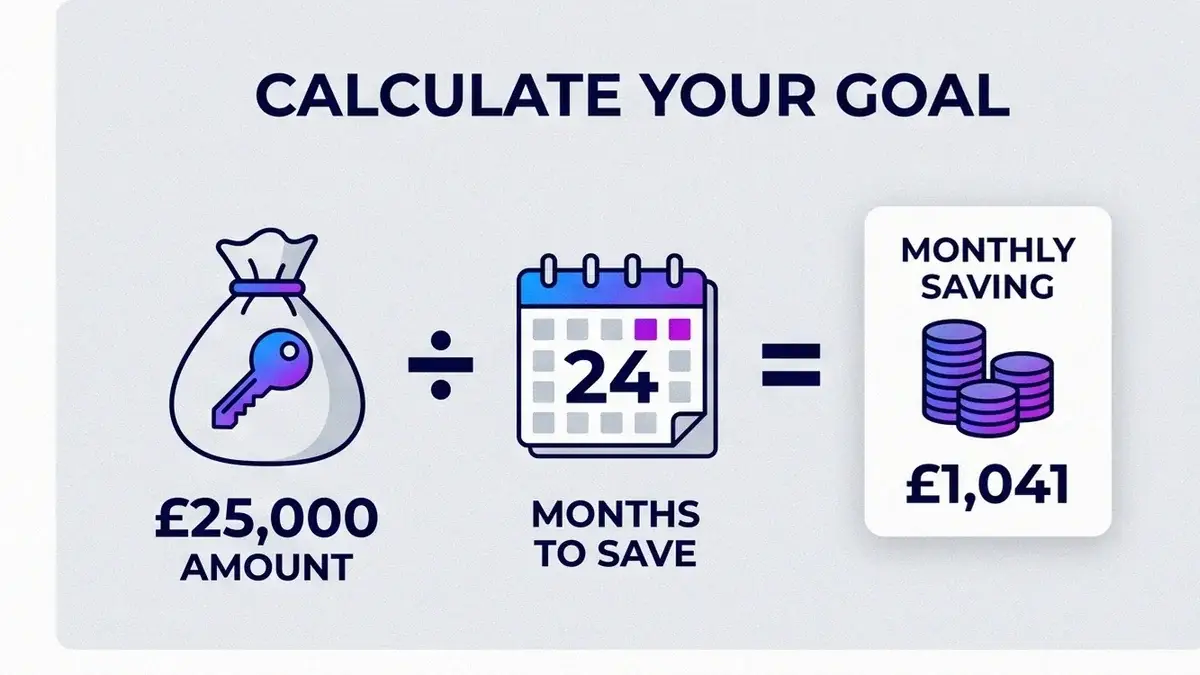 Infographic dividing a deposit target by the number of months to reach a clear monthly saving amount