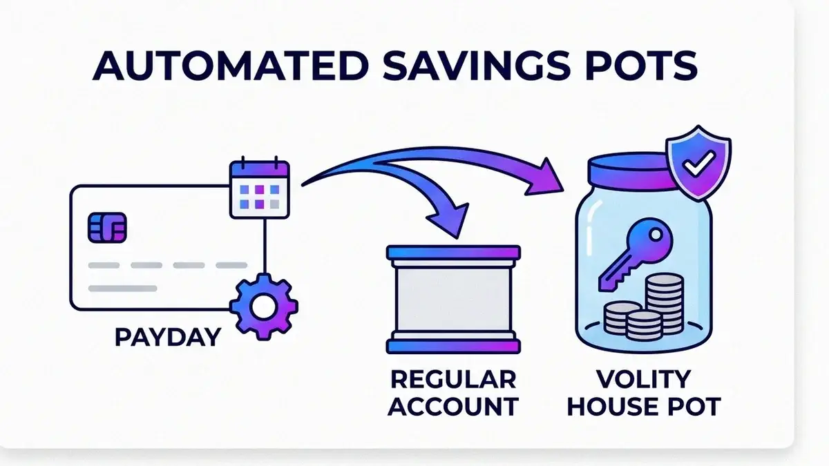 Infographic showing an automatic payday transfer moving money into a separate house-deposit savings pot