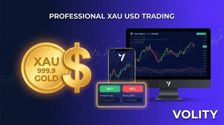 XAU USD gold trading on Volity desktop and mobile with a buy and sell panel