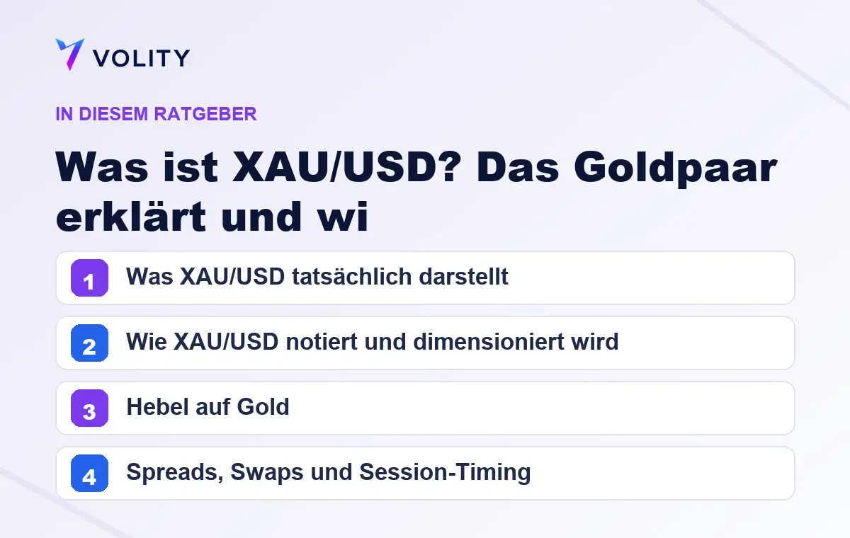 Wichtige Abschnitte in diesem Volity-Ratgeber zu Was ist XAU/USD? Das Goldpaar erklärt und wi