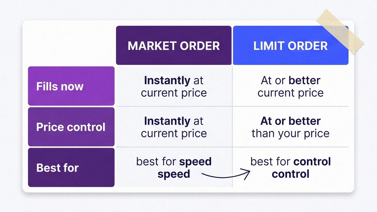 Comparison table showing a market order trades speed for certainty while a limit order trades certainty for price control.