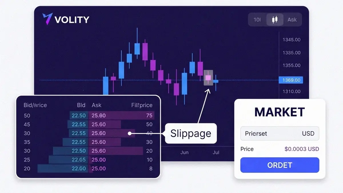 Trading chart with a magnified bid/ask ladder and a market order ticket, a callout labelled Slippage showing the fill price drifting from the quote.