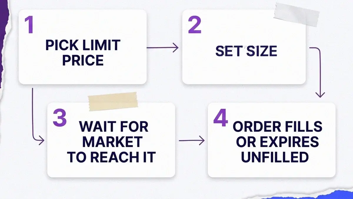 Four-step workflow for placing a limit order: choose the limit price, set size, wait for the market to reach it, then it fills or expires unfilled.