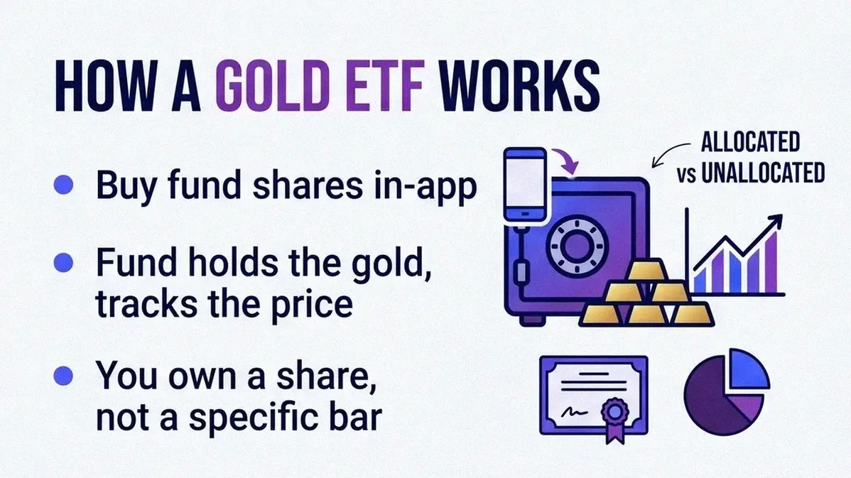 Infographic card explaining how a gold ETF works: buy fund shares in-app, the fund holds gold and tracks the price, and you own a share rather than a specific bar, with allocated versus unallocated note.