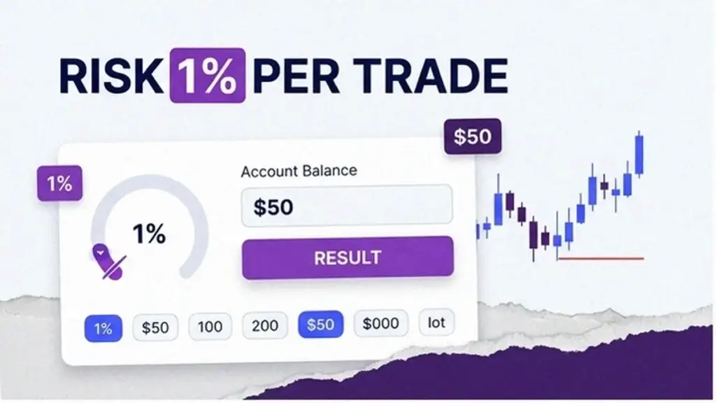 Volity position-sizing cover collage: a risk calculator card, a 1 percent risk dial and a stop-loss marker on a candlestick chart, captioned Risk 1% Per Trade.