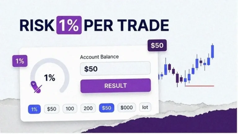 Volity position-sizing cover collage: a risk calculator card, a 1 percent risk dial and a stop-loss marker on a candlestick chart, captioned Risk 1% Per Trade.