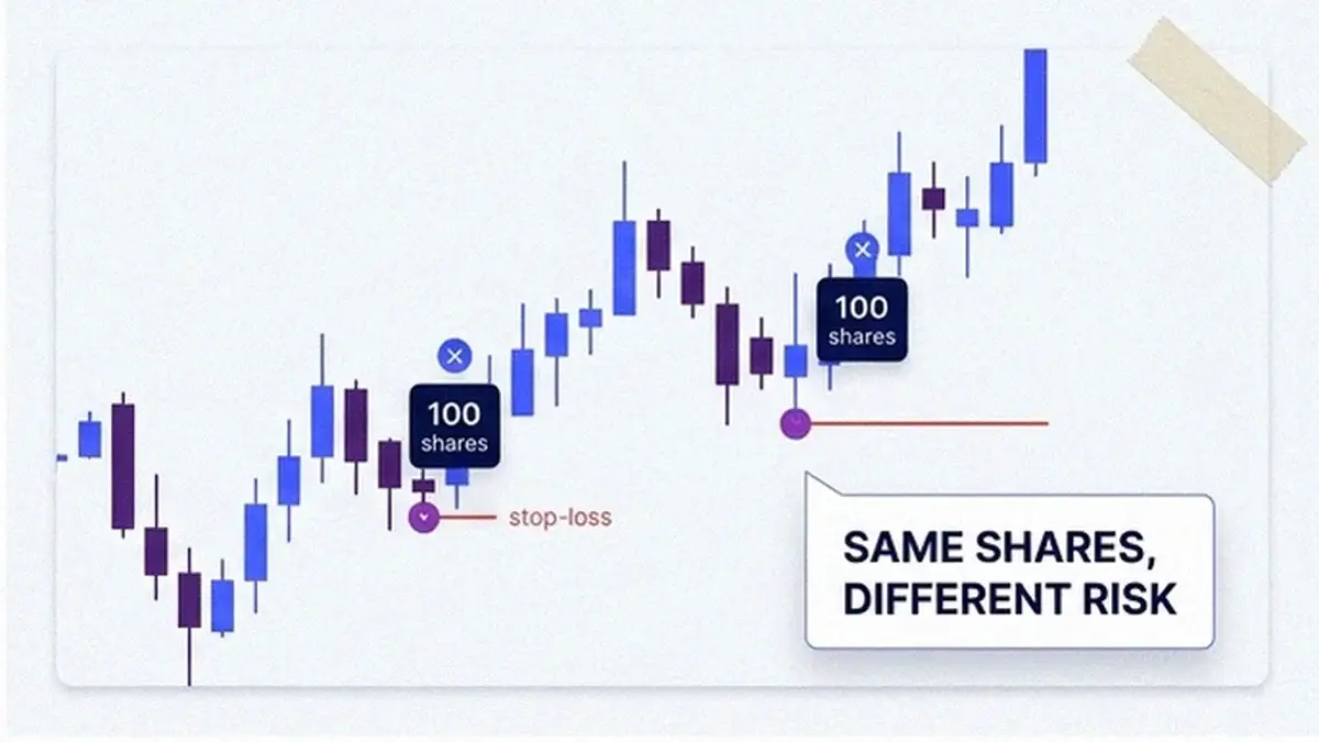 Candlestick chart with two trades of the same share size on a tight and a wide stop, labelled Same Shares, Different Risk, showing why position size beats entry.