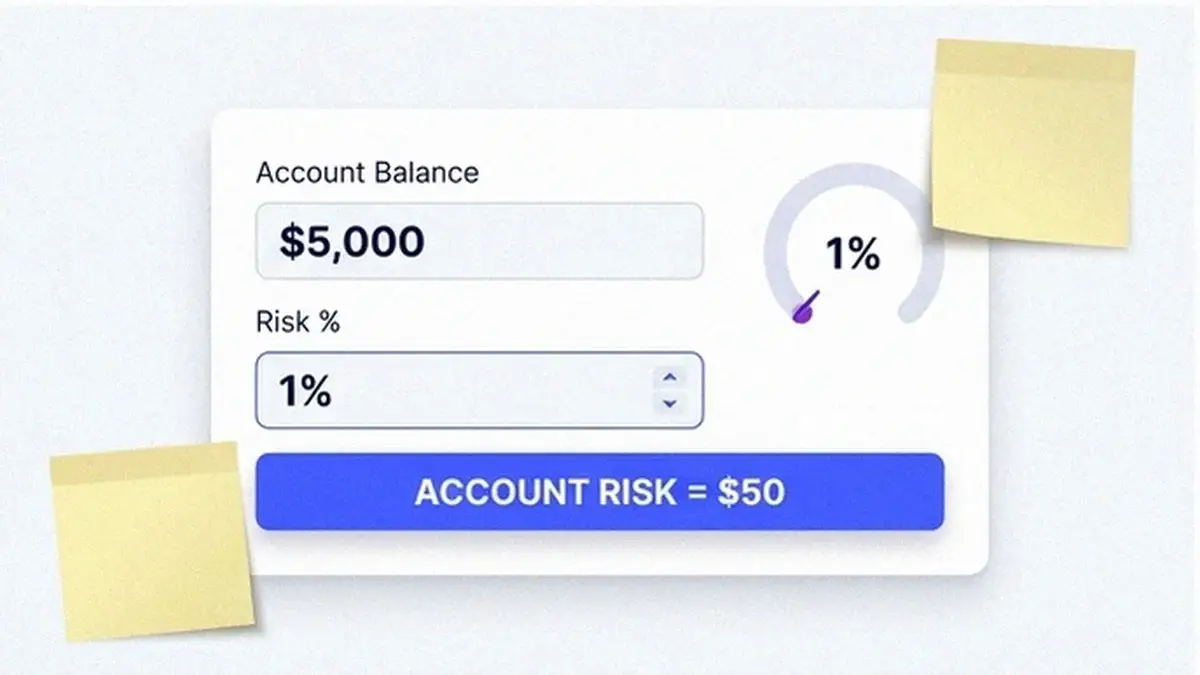 Risk-per-trade calculator card: a $5,000 account at 1 percent risk gives an account risk of $50 per trade.