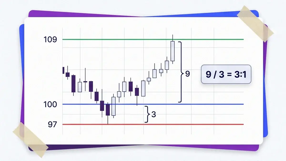 Candlestick chart with an entry at 100, a stop at 97 and a target at 109, marking 3 points of risk against 9 points of reward for a 3 to 1 ratio.