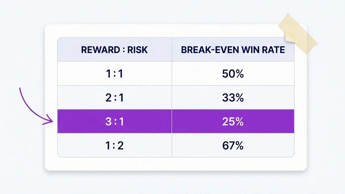 Comparison table of reward-to-risk against break-even win rate: 1 to 1 needs 50 percent, 2 to 1 needs 33 percent, 3 to 1 needs 25 percent, 1 to 2 needs 67 percent, with the 3 to 1 row highlighted.
