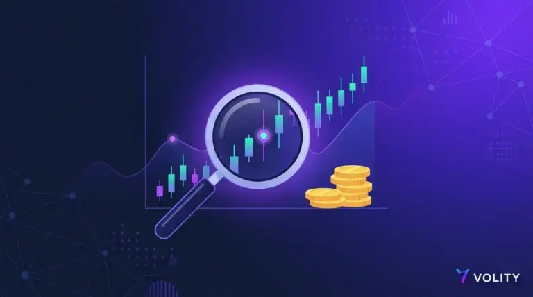 Pip value calculator concept showing a magnifying glass zooming in on one tiny price step of a candlestick chart with gold coins, Volity