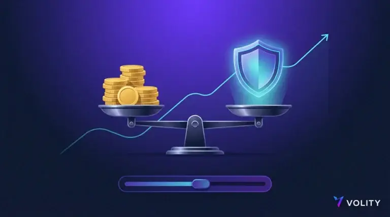 Position size calculator concept showing a balance scale weighing gold coins against a protective shield, Volity