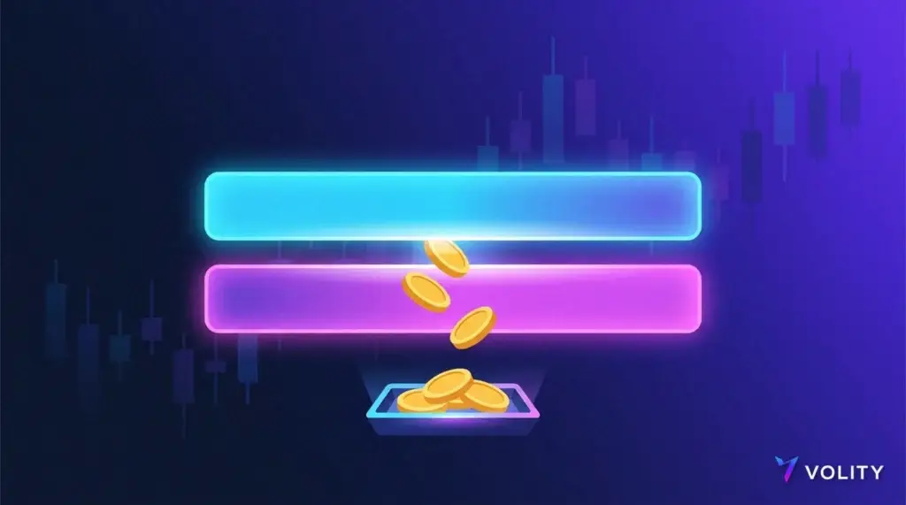 Spread cost calculator concept showing two glowing price bands with a narrow gap and coins passing through it, Volity