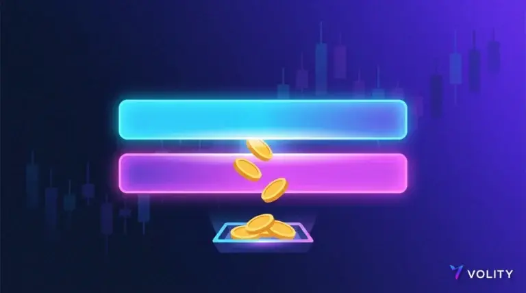 Spread cost calculator concept showing two glowing price bands with a narrow gap and coins passing through it, Volity