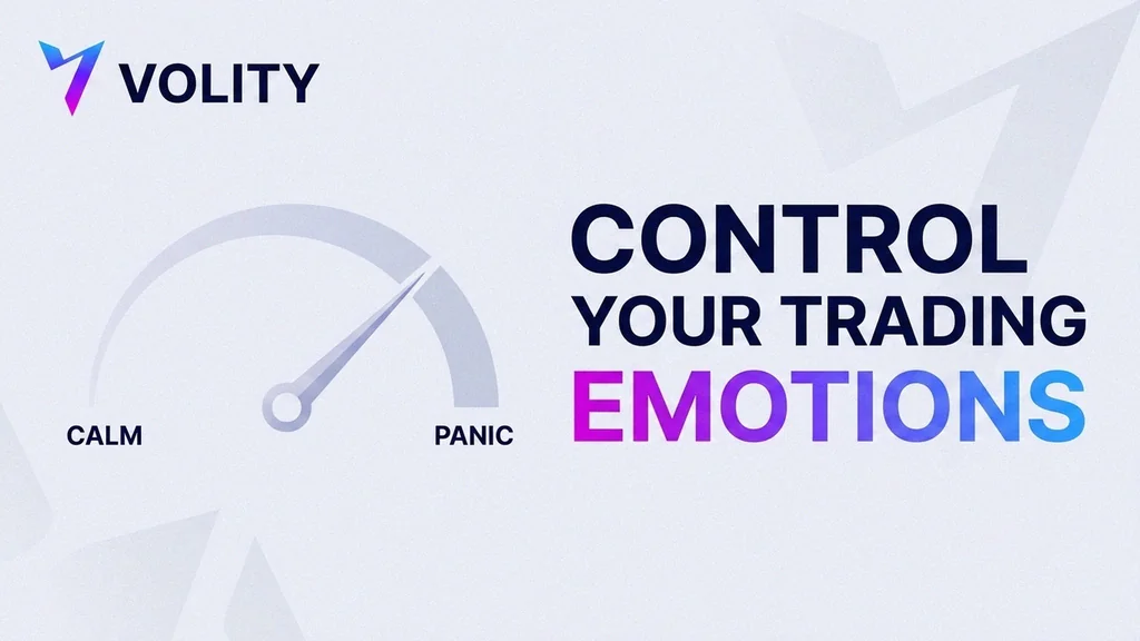 Volity trading psychology cover with a calm-versus-panic gauge pulled to calm, a checklist shield over a price chart and the headline trade your plan