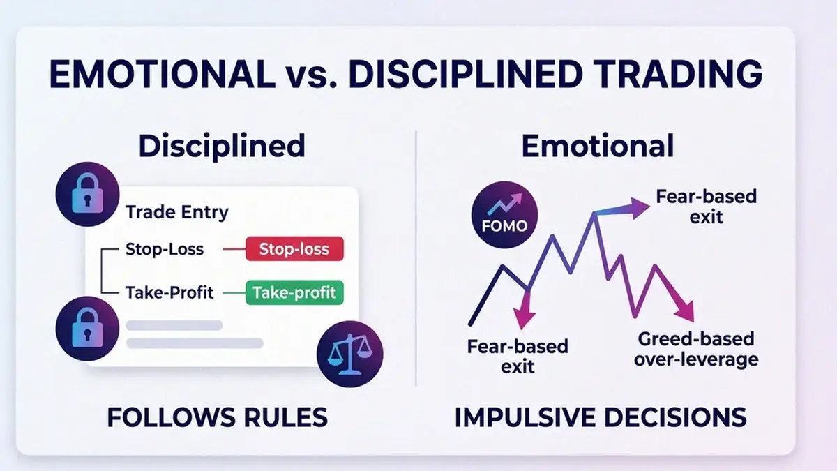 Infographic contrasting a calm written trading plan against an impulsive trade driven by fear and greed