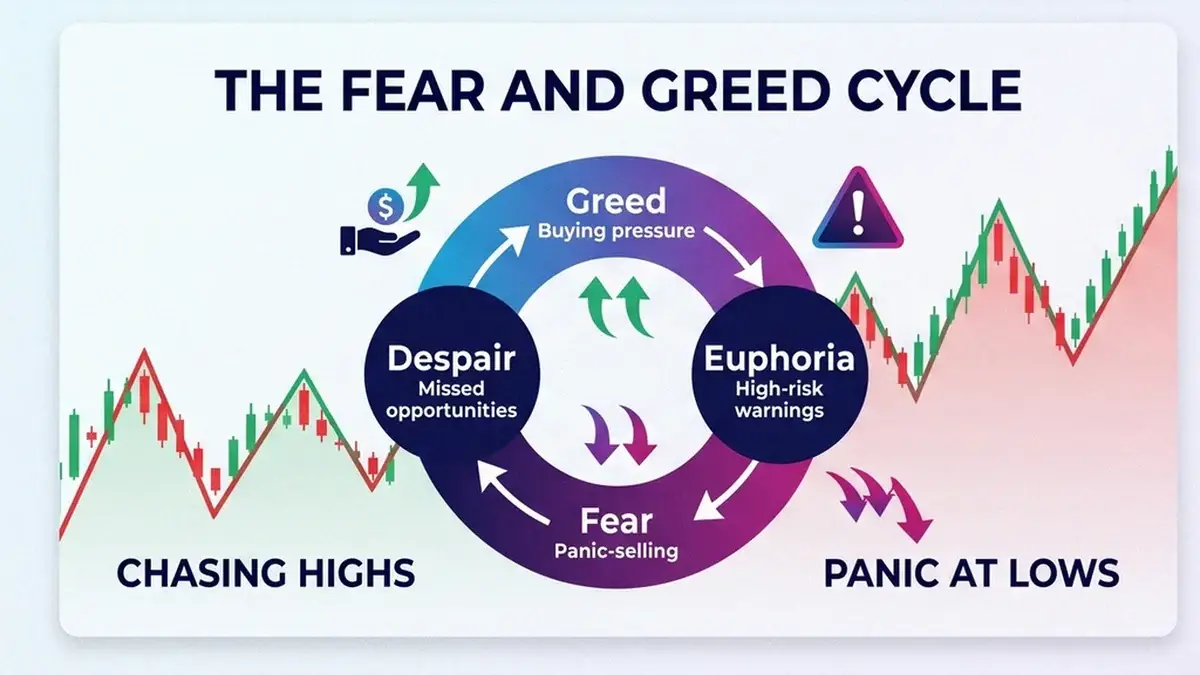 Diagram of the fear and greed cycle showing panic selling at lows and over-leveraging at highs