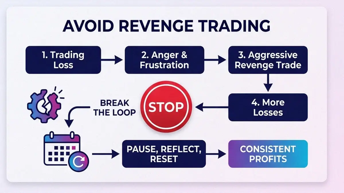 Flow chart of the revenge trading loop and the circuit breaker that stops it after a losing trade