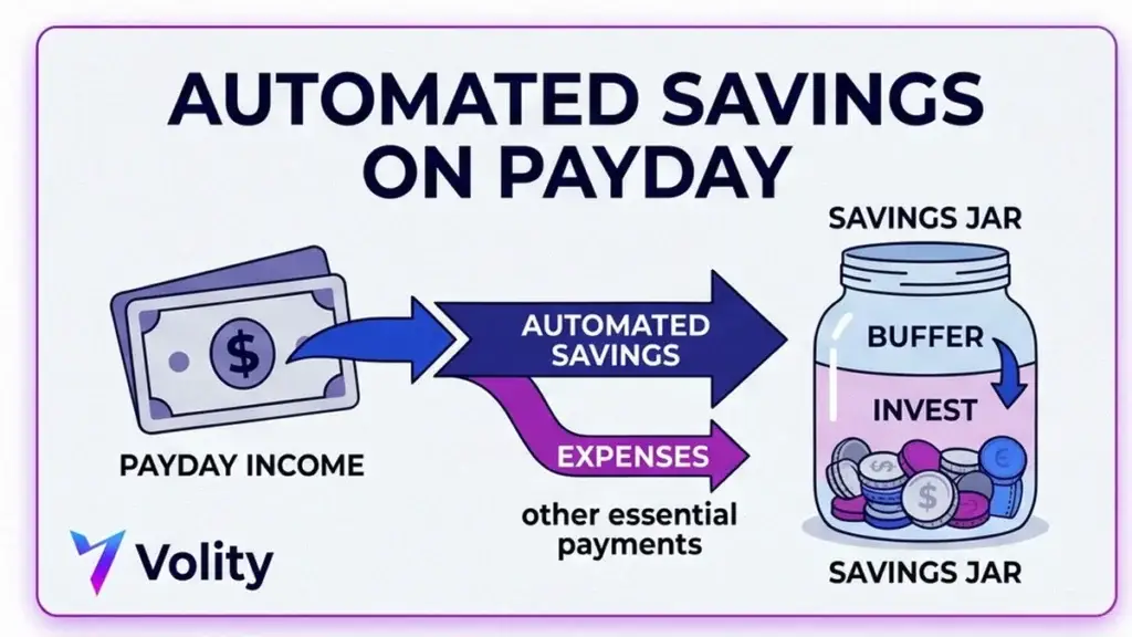 Volity brand collage cover for ways to save money that work, with an automated payday transfer arrow flowing into a labelled savings jar and a buffer-to-invest step