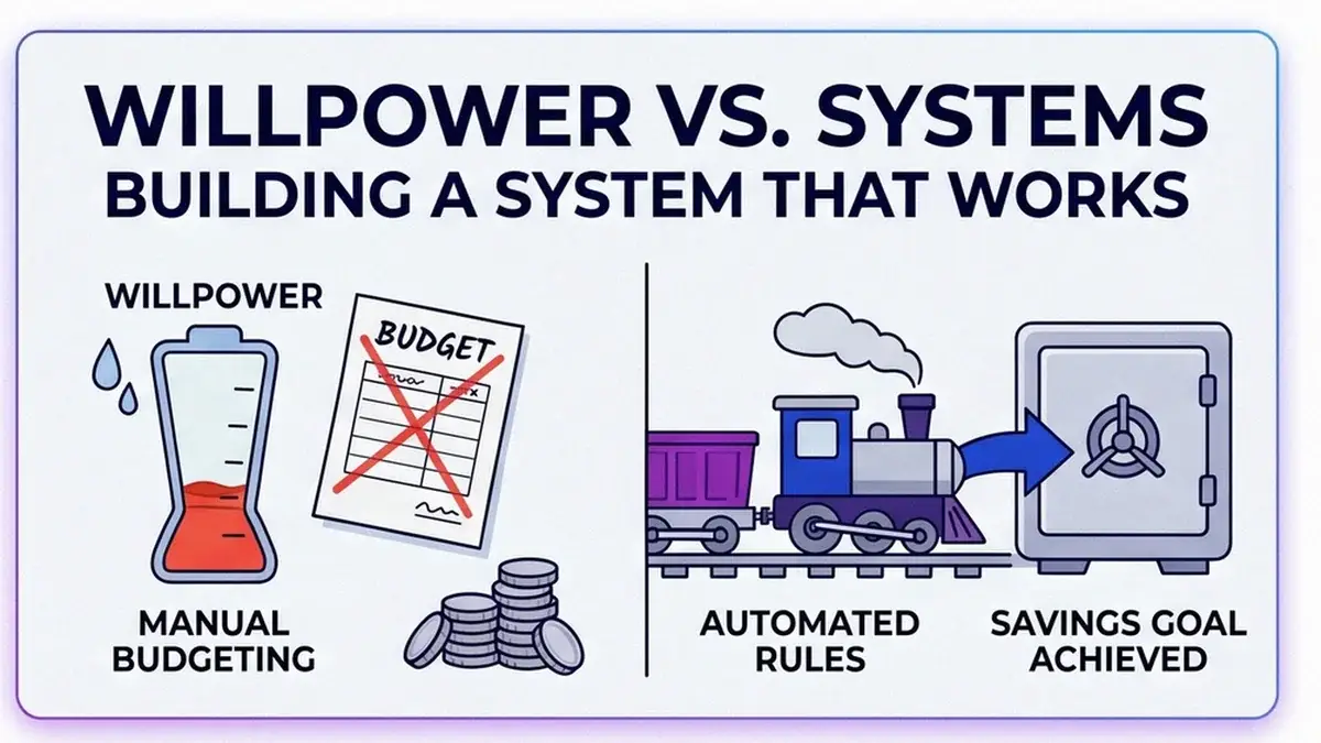 Infografik, die Willenskraft-Budgetierung, die scheitert, einem automatisierten Sparsystem gegenüberstellt, das hält