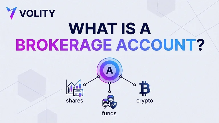 Volity brand collage cover for what is a brokerage account, with an account dashboard card holding shares, crypto and gold, a deposit and withdraw arrow and a $0 wallet chip
