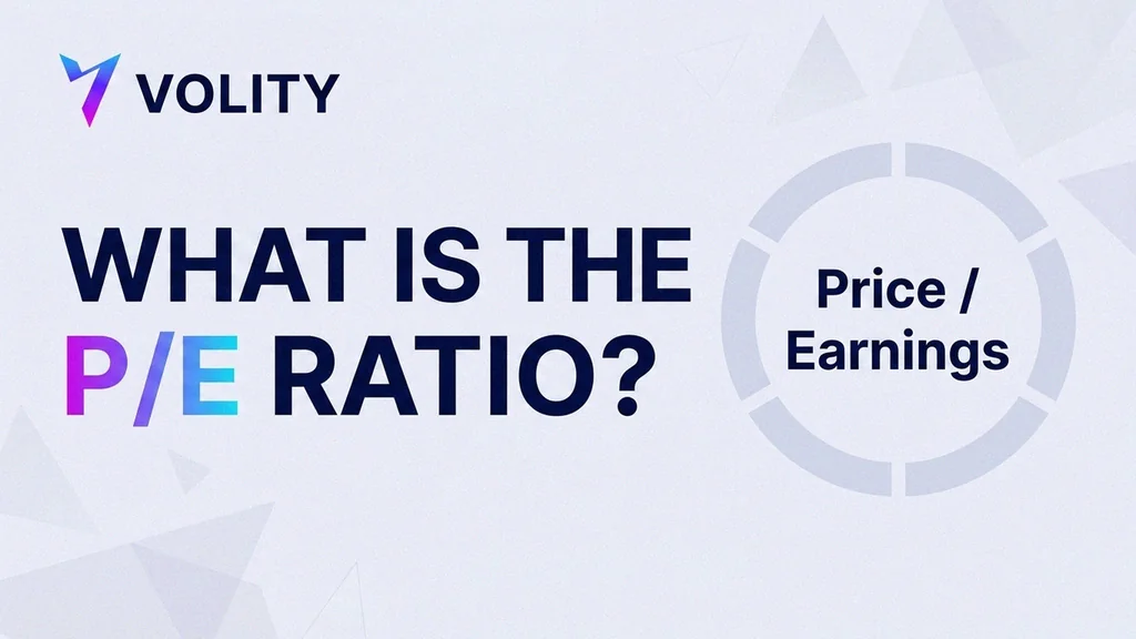 Volity brand cover collage explaining what a P/E ratio is: a price-divided-by-earnings formula card, a high-versus-low gauge and a stock card in the Volity purple palette