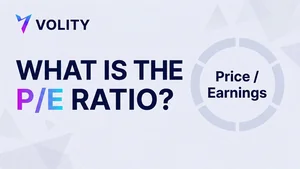 Volity brand cover collage explaining what a P/E ratio is: a price-divided-by-earnings formula card, a high-versus-low gauge and a stock card in the Volity purple palette