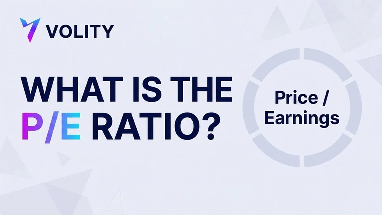 Volity brand cover collage explaining what a P/E ratio is: a price-divided-by-earnings formula card, a high-versus-low gauge and a stock card in the Volity purple palette
