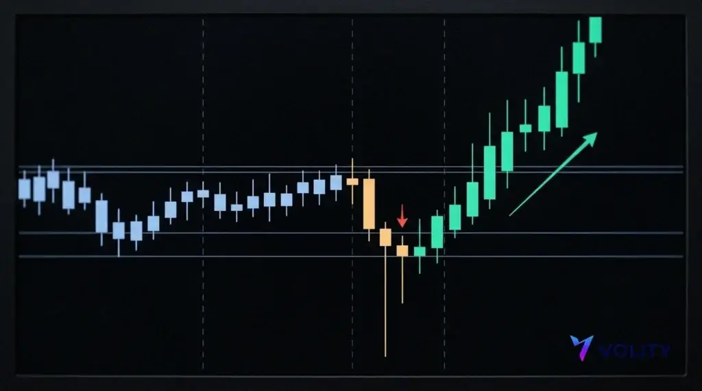 Graphique intraday marquant un range d'accumulation, une mèche de manipulation à l'ouverture de session et un rally de distribution.