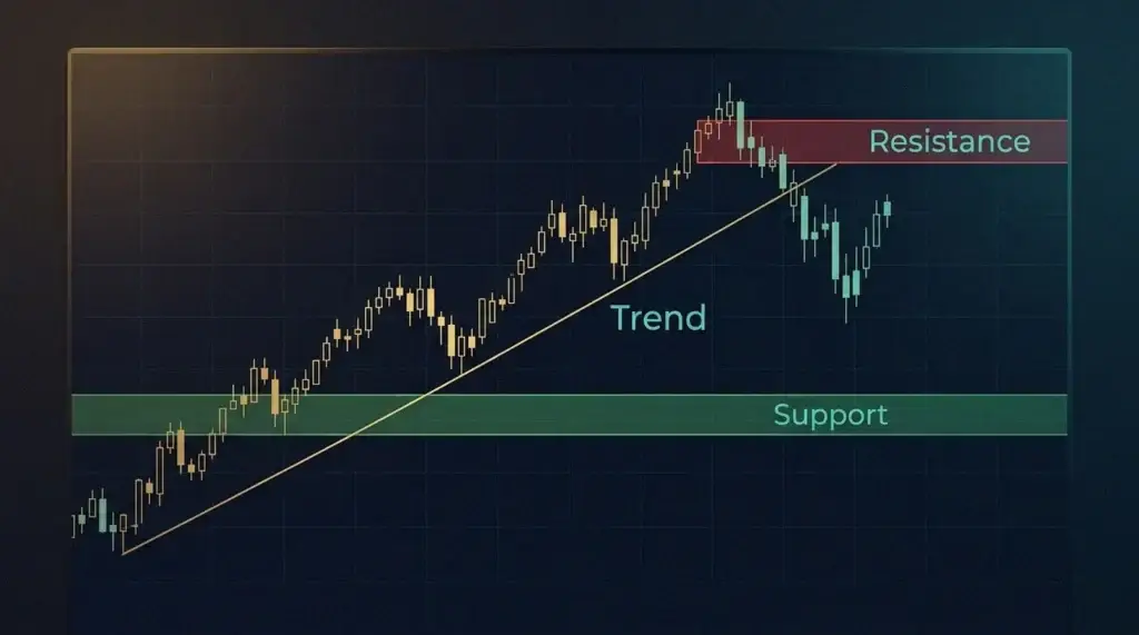Graphique en chandeliers du AUS200 marqué d'une ligne de tendance dorée, d'une zone de support verte et d'une zone de résistance rouge pour l'analyse des niveaux.
