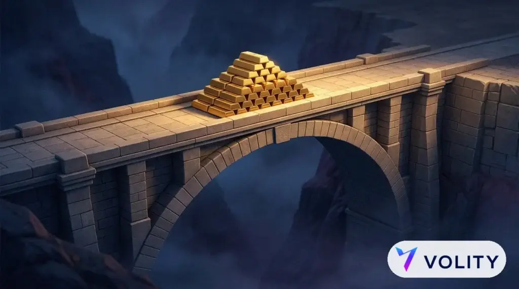 Un solide pont de pierre portant une lourde charge bien au-dessus d'une vallée profonde sur fond sombre, avec un large dégagement en dessous, illustrant la marge de sécurité de Benjamin Graham.