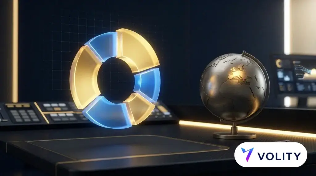 Un graphique en anneau lumineux composé de seulement quelques grandes parts dorées à côté d'un petit globe montrant l'Europe, pour un fonds concentré coté à Londres.