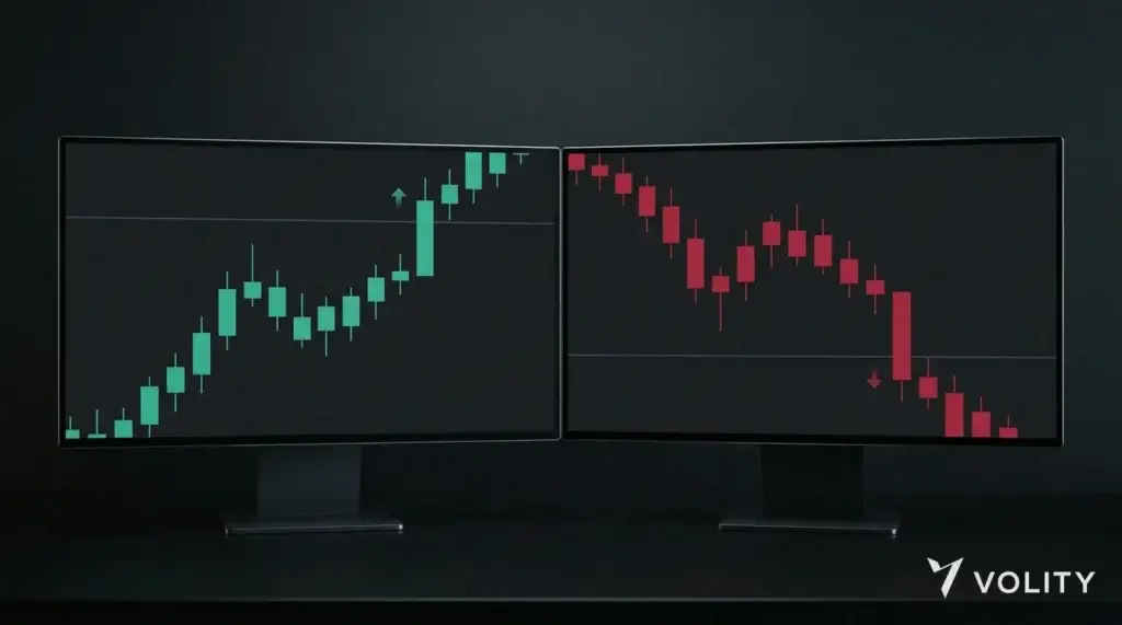 Deux graphiques : une cassure haussière au-dessus d'un précédent sommet de swing et une cassure baissière sous un précédent creux de swing, chacune marquée d'une flèche.