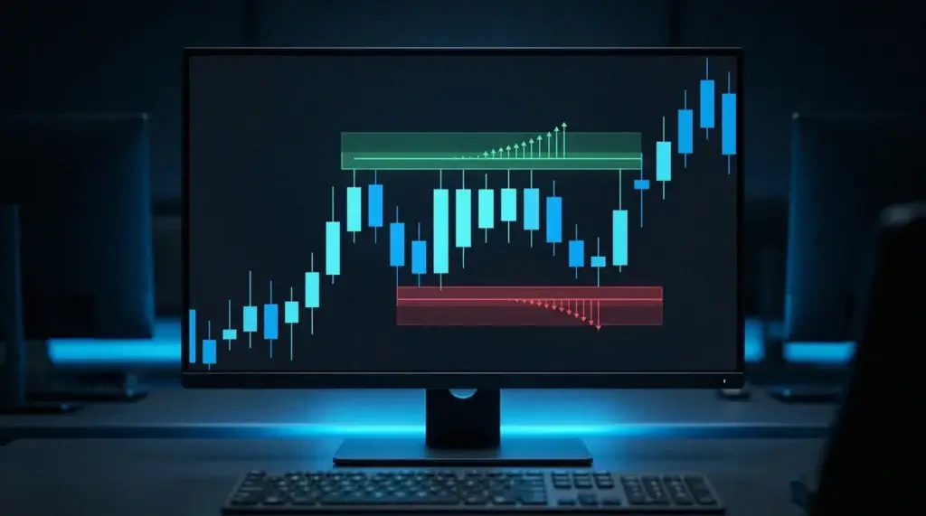 Gráfico que marca la liquidez buy-side como un pool verde sobre máximos iguales y la liquidez sell-side como un pool rojo bajo mínimos iguales.
