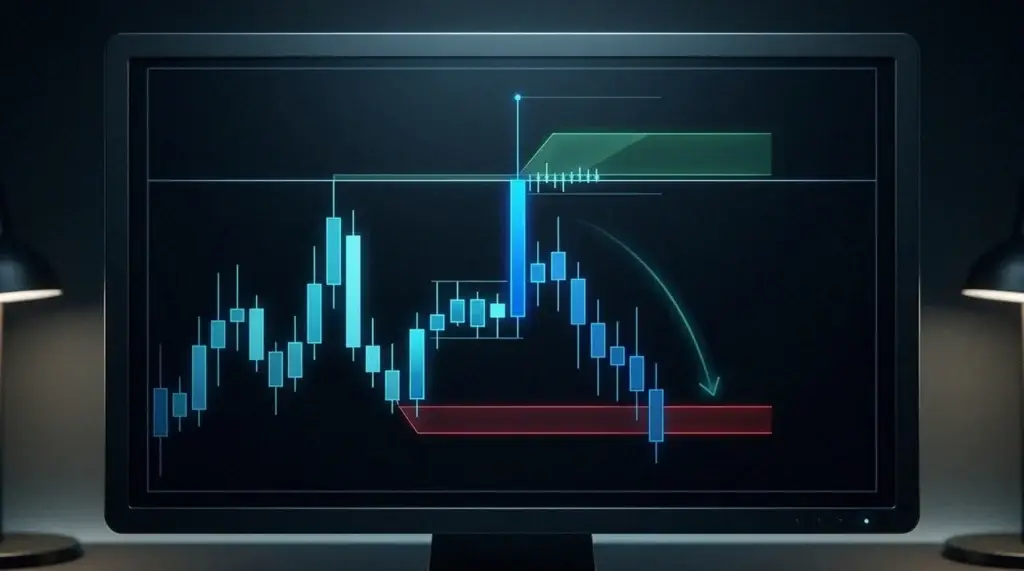 Gráfico en el que una mecha barre el pool buy-side sobre los máximos y luego el precio se revierte a la baja hacia el pool sell-side de abajo.
