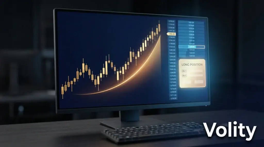 Trading-Monitor mit einem steigenden Kerzenchart eines Gold-CFD und einem Long-Positions-Panel, ein praktisches CFD-Trading-Beispiel.