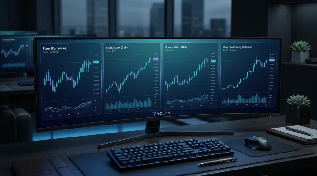 Ultrabreiter Monitor mit Forex-, Index-, Gold- und Krypto-Charts, der viele CFD-Märkte von einem einzigen Volity-Konto aus handelt.