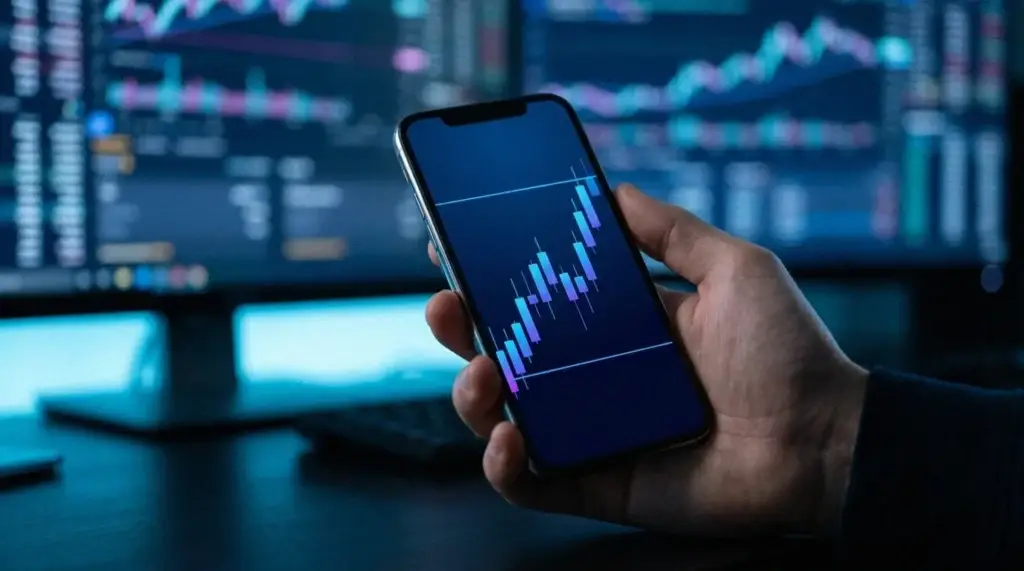 Smartphone mit einem steigenden blauen Kerzenchart mit Stop- und Ziellinien, ein CFD-Trading-Beispiel in der App.