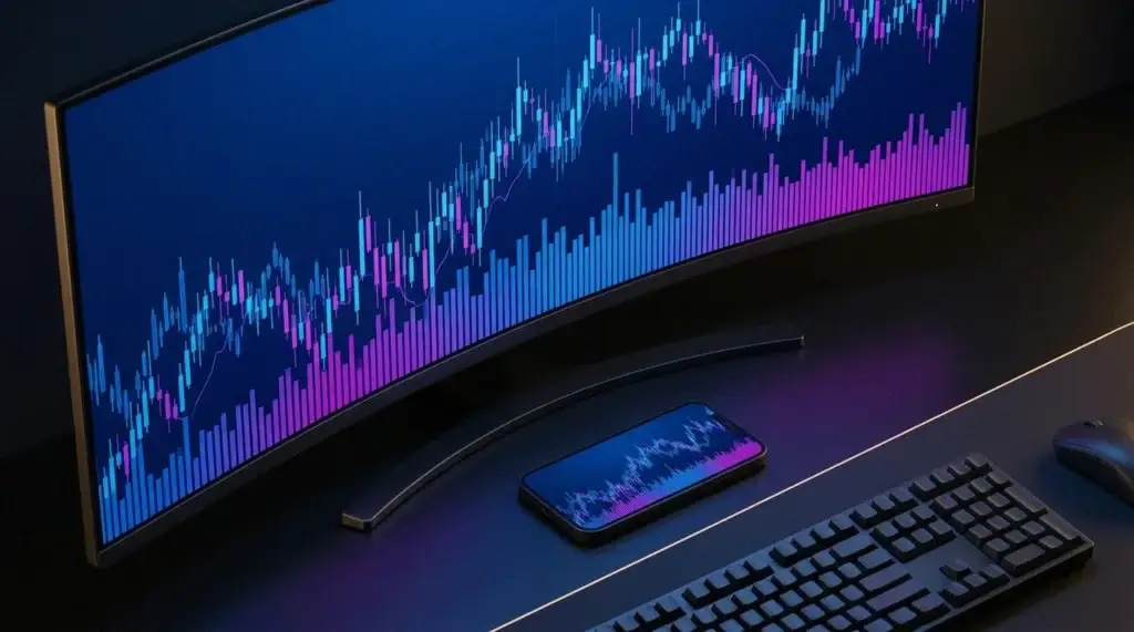 Gebogener Desktop-Monitor und ein synchronisiertes Telefon mit übereinstimmenden blauen CFD-Charts an einem dunklen Trading-Schreibtisch.
