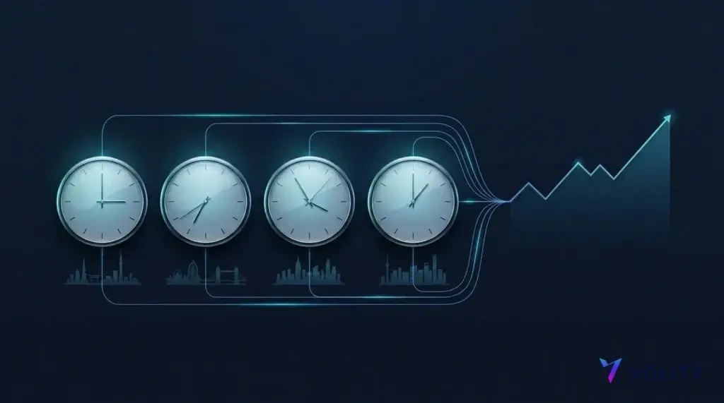 Quatre horloges mondiales au-dessus de silhouettes de villes reliées à un graphique d'indice, montrant les heures du DAX selon les fuseaux horaires.